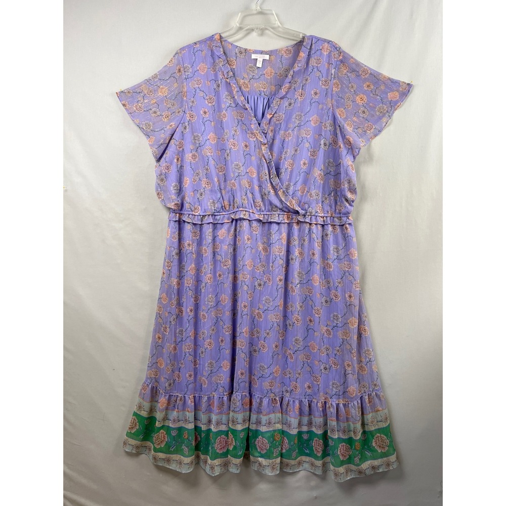 Lauren Conrad Dress Womens 3X Purple Floral Metallic Gold Boho Midi Wrap V-Neck